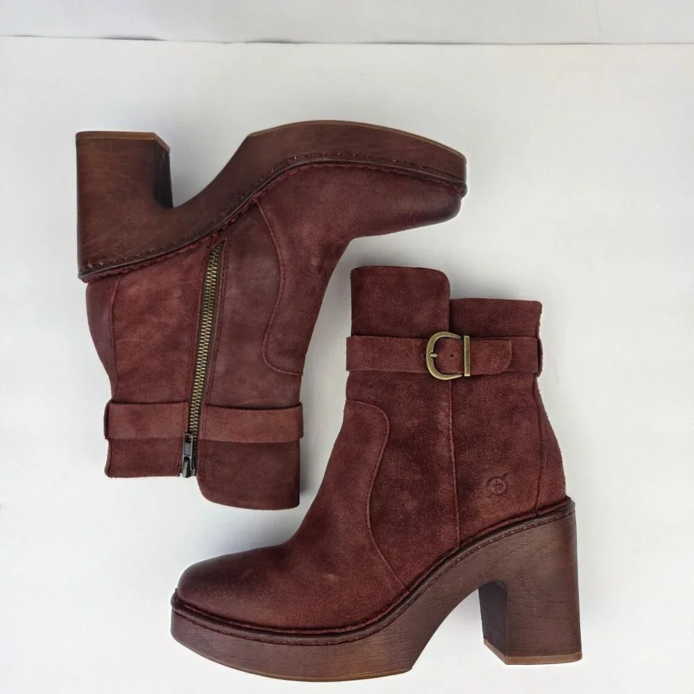 Born Hailey Burgundy Suede Leather Ankle Boots With Block Heel & Buckle Strap Si